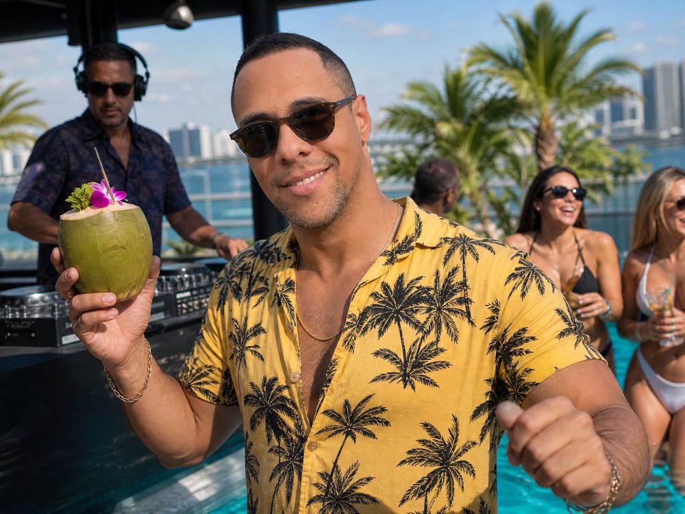 Gusti at a pool party holding a coconut drink